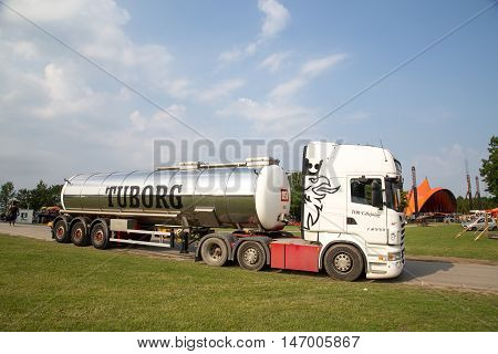 Roskilde, Denmark - June 25, 2016: A Tuborg beer truck delivering beer to Roksilde Festival