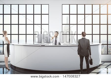 Office workers and customers at modern reception desk in interior with New York city view. 3D Rendering