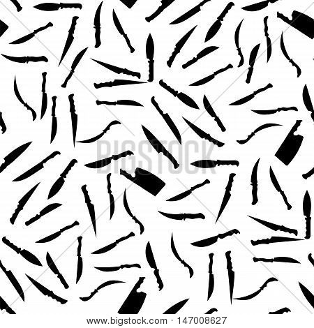 Silhouettes Knives Seamless Pattern on White. Kitchen Accessories. Bladed Weapons Collection