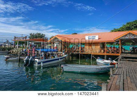 Semporna,Sabah-Sept 10,2016:Jetty of speedboats terminal in Semporna,Sabah,Borneo on 10th Sept 2016.Its a gateway for diving & snorkeling trips to the islands of Sipadan,Mabul,Mataking,Maiga & others