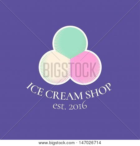 Ice cream vector logo symbol emblem. Vintage design element for homemade ice cream shop with multi flavors round scoops