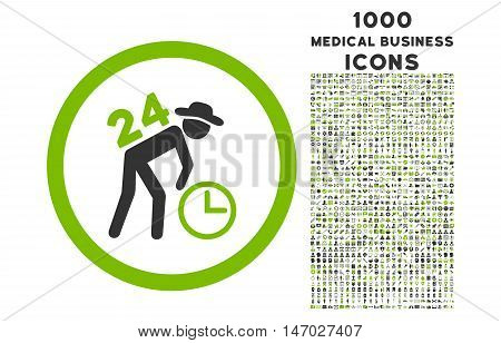 Around the Clock Work rounded vector bicolor icon with 1000 medical business icons. Set style is flat pictograms, eco green and gray colors, white background.