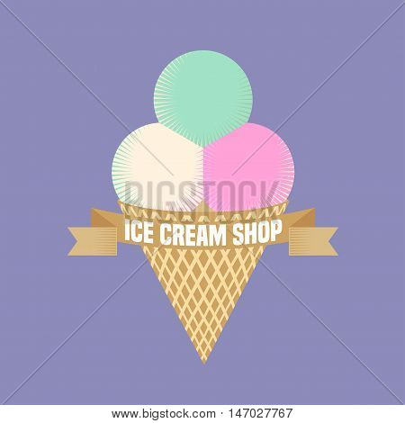 Ice cream vector logo sign icon illustration. Retro vintage design element with round multi flavoured ice cream in waffle cone