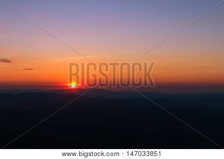 Mountain valley at sunset time. Sunset at mountain top. Twilight time at mountian top.