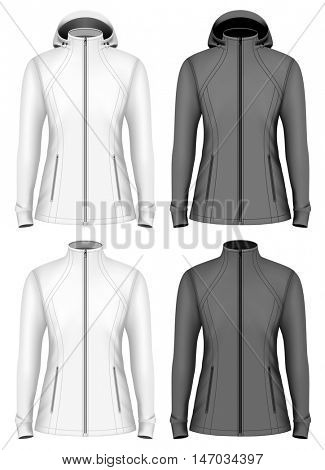 Softshell  jacket for lady with and without hood. Fully editable handmade mesh. Vector illustration.