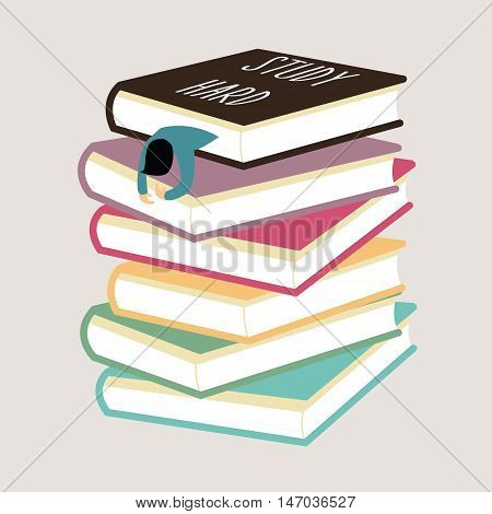 study hard man tired fall asleep between stack of book vector
