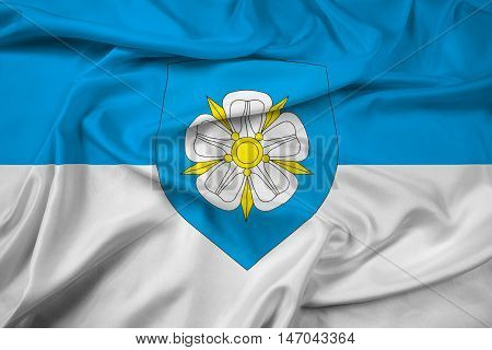 Waving Flag Of Viljandi With Coat Of Arms, Estonia