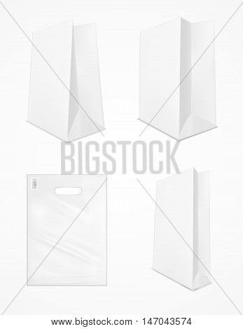 Paper package and plastic shopping bag with with handle.