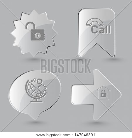 4 images: opened lock, hotline, globe and gears, bank. Business set. Glass buttons on gray background. Vector icons.