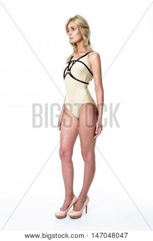 Blonde girl wearing bodysuit and black leather belt