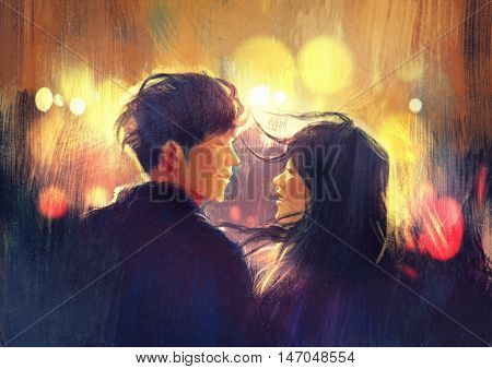 young couple in love outdoor, illustration, digital painting