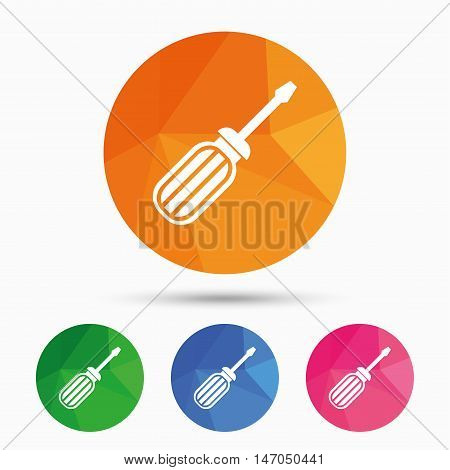 Screwdriver tool sign icon. Fix it symbol. Repair sign. Triangular low poly button with flat icon. Vector