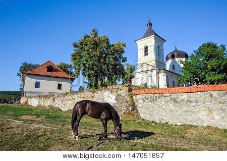 Rustic landscape near the walls of Capriana Orthodox Christian Monastery, one of the oldest monasteries of Moldova, first time mentioned in 1429.