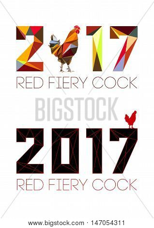 2017 and Cock in style of polygons. Rooster symbol of New 2017 - according to Chinese calendar Year of red fiery cock. Pet bird. Vector clipart fully editable and infinitely scalable