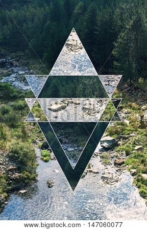 Image of the forest, mountains and the sacred geometry symbol, collage