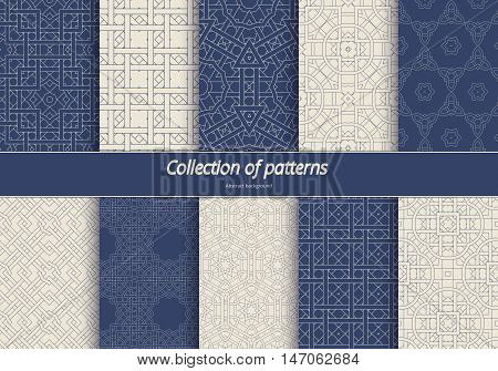 Set in an arabian style patterns. Seamless ethnic tracery. Geometric ornament in blue tones. Stylized arabesques decorating. Vector illustration.