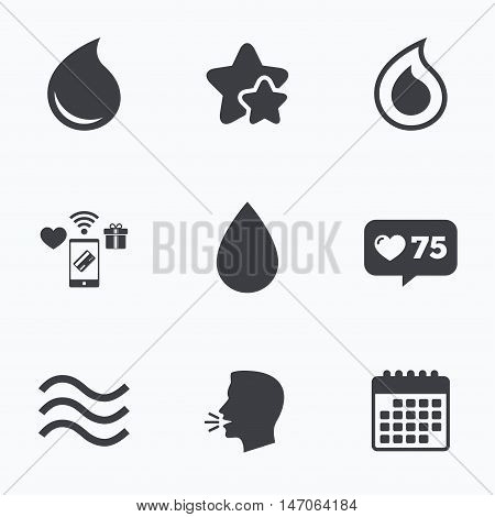 Water drop icons. Tear or Oil drop symbols. Flat talking head, calendar icons. Stars, like counter icons. Vector
