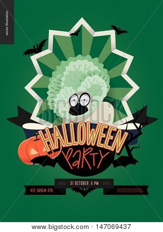 Halloween Party composed sign emblem invitation. Flat vectror cartoon illustrated design of a french bulldog in center of striped shield, bats, pumpkin jack-o-lantern, ribbon, lettering
