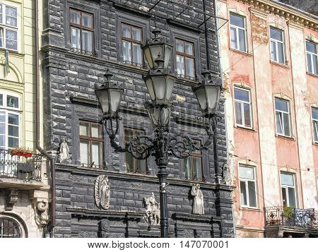 Lvov, Ukraine - August 12, 2016: Black Kamenica at Market Square in Lviv - a monument of Renaissance architecture of the XVI century