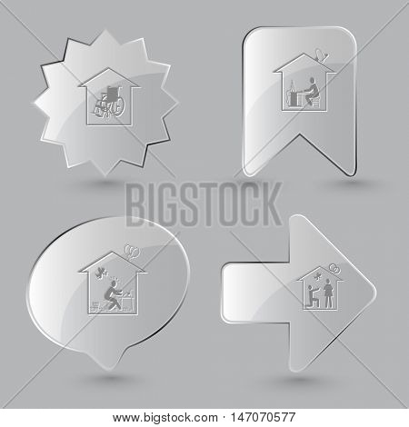 4 images: nursing home,  work,  inspiration, affiance. Home set. Glass buttons on gray background. Vector icons.