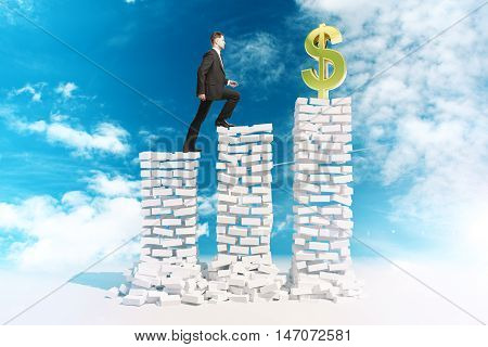 Financial growth and risk concept with young businessman in suit climbing abstract white brick ladder with golden dollar sign on top. Bright sky background. 3D Rendering