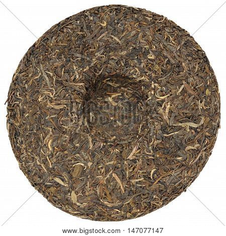 Yunnan raw sheng high mounting puerh tea with stone impress overhead view isolated