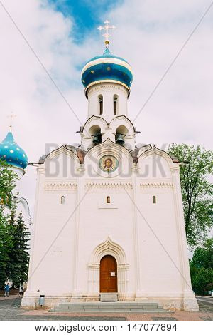 Church in honor of the Descent of the Holy Spirit . Dukhovskaya Church - the second stone church of the monastery, built in 1476-1477 years. Trinity Sergius Lavra, Sergiev Posad, Russia.