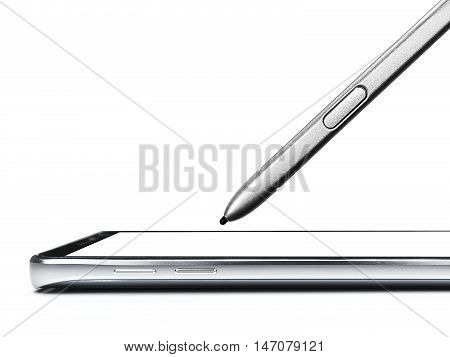 close up of smartphone and mobile pen isolate
