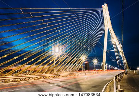 Shrouds Of  Vansu Bridge - formerly Gorky Bridge In Riga, Latvia. 595 Meters In Length. Vansu Bridge - One Of The Symbols Of Modern Riga. Cable-Stayed Bridge That Crosses The Daugava River.