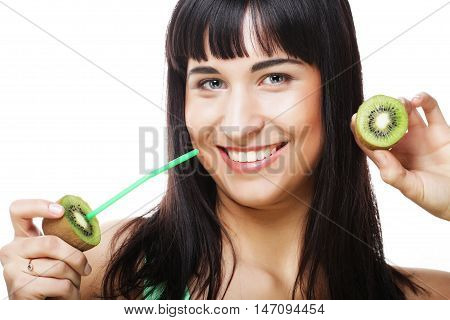 Beautiful close-up portrait of young woman with kiw juice. Healthy food concept.