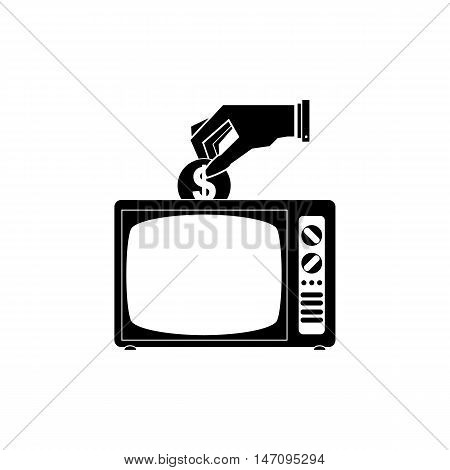 Icon of old TV, pay TV. Vector black and white illustration.