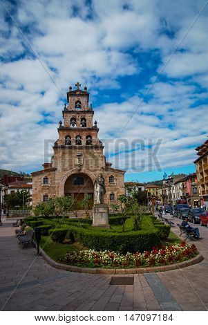 Church Of The Assumption In Cangas De Onis, Asturias,  Spain And Statue Of Don Pelayo, First King Of