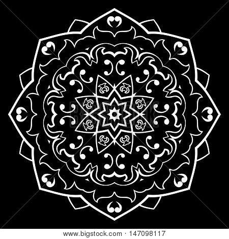 Vector white mandala on a black background. Oriental ornament. Round element for design.