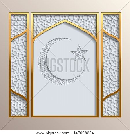 Islamic greeting card. Golden frame with 3D background with different girih patterns. Greeting card template for Ramadan Eid al Fitr-festival of breaking of the fast Eid al-Adha-festival of sacrifice