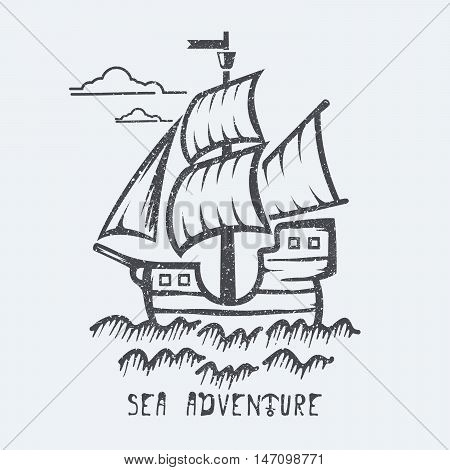 Sea ship adventure black and white vector illustration