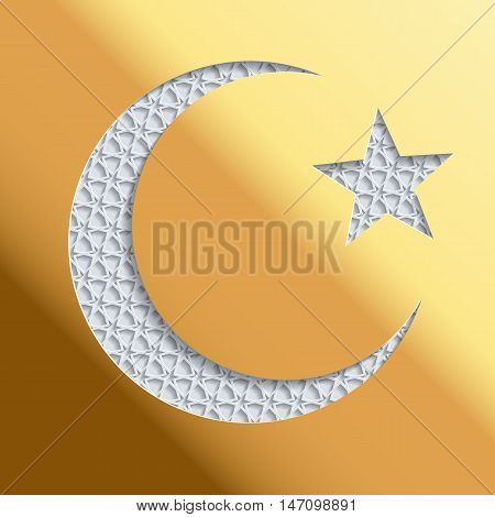 Islamic greeting card with golden background and 3D crescent and star. Greeting card template for Ramadan Eid al Fitr-festival of breaking of the fast Eid al-Adha-festival of sacrifice