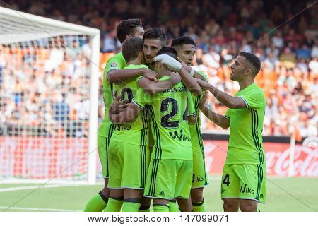 VALENCIA, SPAIN - SEPTEMBER 11th: Betis players celebrating a goal during Spanish League match between Valencia CF and Real Betis at Mestalla Stadium on September 11, 2016 in Valencia, Spain