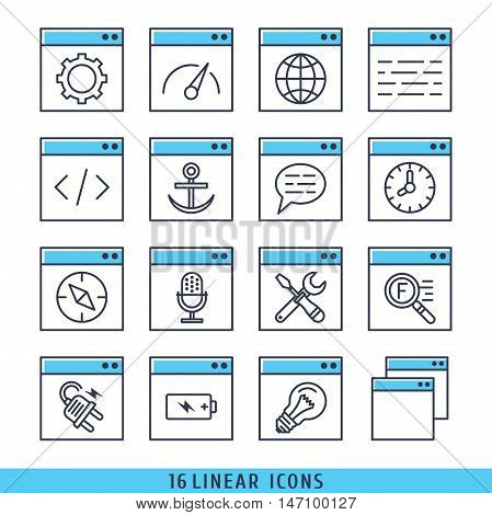 16 linear icons set vector illustration blue