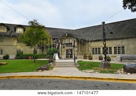 UTICA, ILLINOIS - SEPTEMBER 6, 2016: Starved Rock Hotel. The Lodge and Cabins were designed by Joseph F. Booton and constructed by the Civilian Conservation Corps.