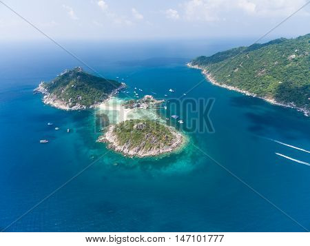 Aerial view of beach and boats Koh Tao Thailand