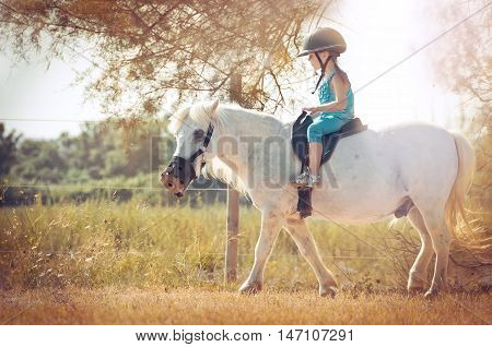 Little girl on the horse. White poni.