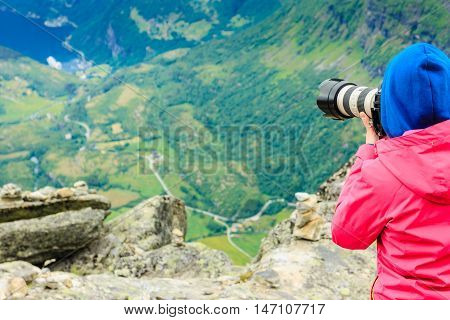 Tourist Taking Photo From Dalsnibba Viewpoint Norway