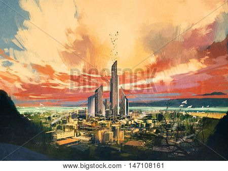 digital painting of futuristic sci-fi city with skyscraper at sunset illustration