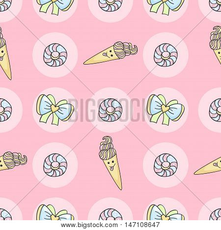 Funny candy cartoon doodle pattern with ice cream, donut.