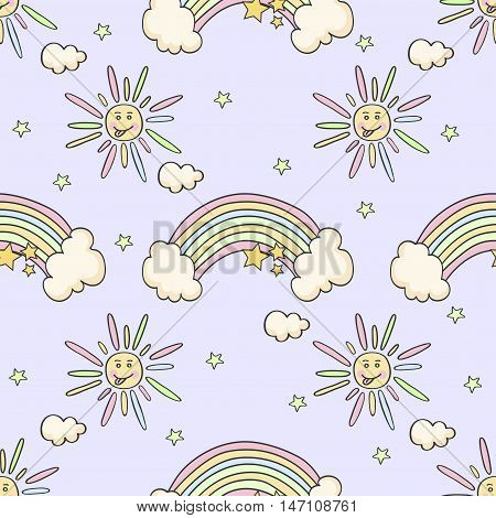 Cartoon funny pattern with sun, rainbow, star.