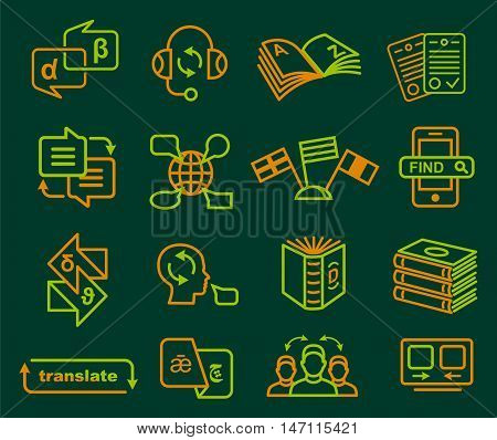 Traslation and dictonary icons set in outline style vector illustration