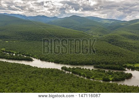 River Zhupanova. Kronotsky Nature Reserve on Kamchatka Peninsula. View from helicopter.