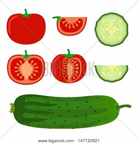 Set of vegetables - tomato and cucumber in flat style. Slices of tomato and cucumber. Vegetarian food illustration.