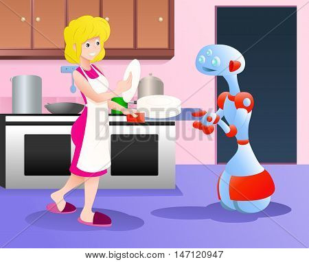 illustration of a happy droid robot helping mom picking plates on kitchen background