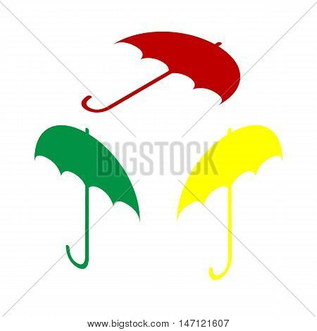 Umbrella Sign Icon. Rain Protection Symbol. Flat Design Style. Isometric Style Of Red, Green And Yel